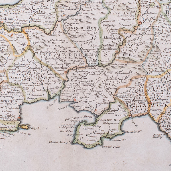 Antique South Wales Map, English, Framed, Robert Morden Cartography, Circa 1720