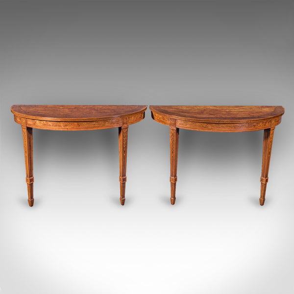 Pair of Antique Demi Lune Side Tables, English, Neoclassical, Sheraton, Georgian