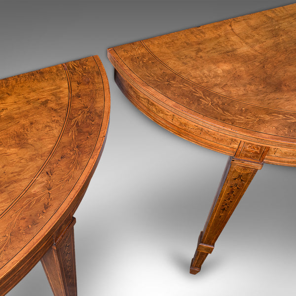Pair of Antique Demi Lune Side Tables, English, Neoclassical, Sheraton, Georgian