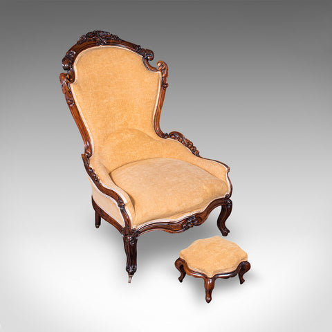 Antique Colonel's Salon Chair & Stool, English, Parlour Seat, Early Victorian