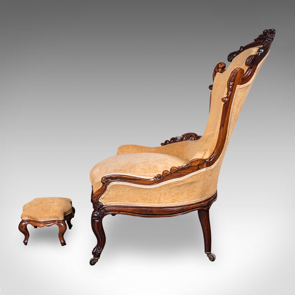 Antique Colonel's Salon Chair & Stool, English, Parlour Seat, Early Victorian