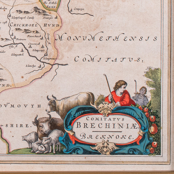 Antique Map of Breconshire, Dutch, Atlas Cartography, Joan Blaeu, Wales, C.1660