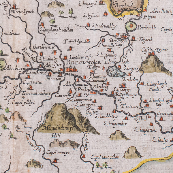 Antique Map, Brecknoc, Breconshire, English, Framed, Dual Sided, Jacobean, 1607