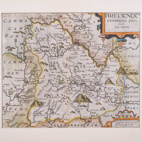Antique Map, Brecknoc, Breconshire, English, Framed, Dual Sided, Jacobean, 1607