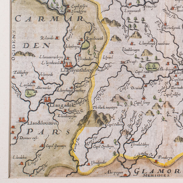 Antique Map, Brecknoc, Breconshire, English, Framed, Dual Sided, Jacobean, 1607