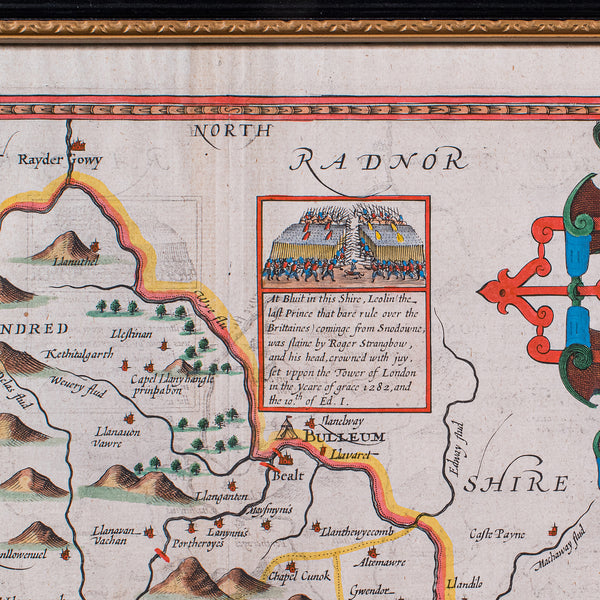 Antique Map of Breconshire, English, Framed, John Speed, Dual Sided, Circa 1627