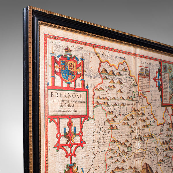 Antique Map of Breconshire, English, Framed, John Speed, Dual Sided, Circa 1627