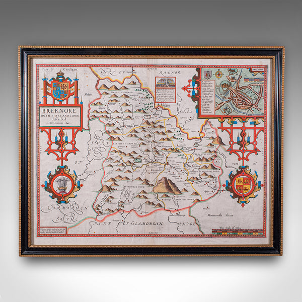 Antique Map of Breconshire, English, Framed, John Speed, Dual Sided, Circa 1627