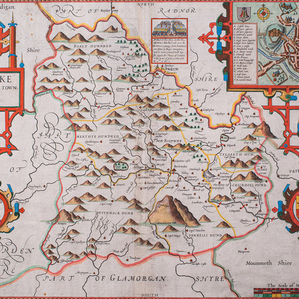 Antique Map of Breconshire, English, Framed, John Speed, Dual Sided, Circa 1627