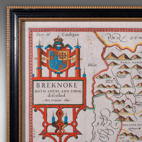 Antique Map of Breconshire, English, Framed, John Speed, Dual Sided, Circa 1627
