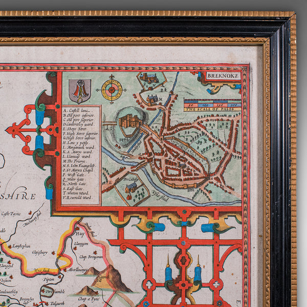 Antique Map of Breconshire, English, Framed, John Speed, Dual Sided, Circa 1627