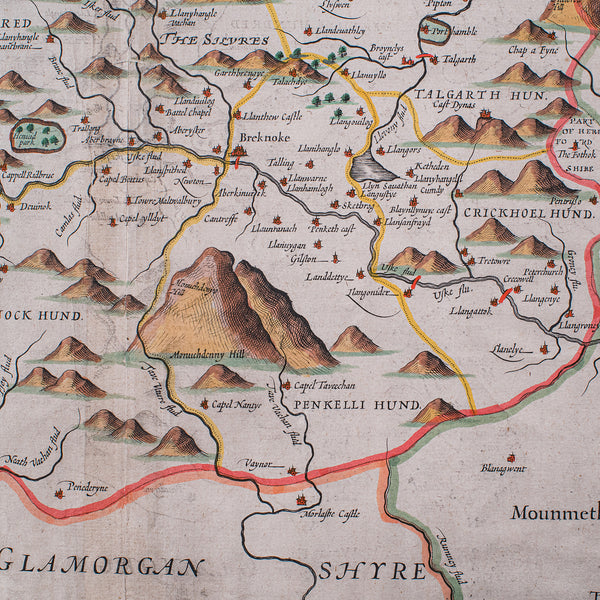 Antique Map of Breconshire, English, Framed, John Speed, Dual Sided, Circa 1627