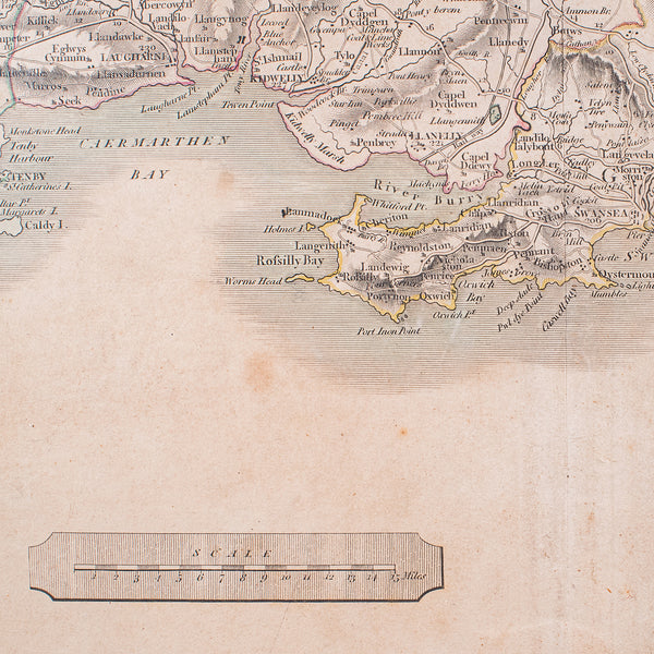 Antique Region Map, South Wales, English, John Cary, Framed, Atlas, Georgian