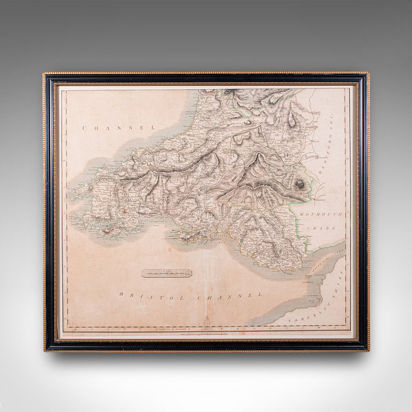 Antique Region Map, South Wales, English, John Cary, Framed, Atlas, Georgian