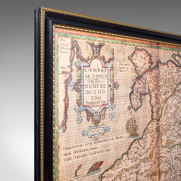 Antique Map of Wales, Belgian, Framed Atlas Excerpt, Elizabethan, Humphrey Llwyd