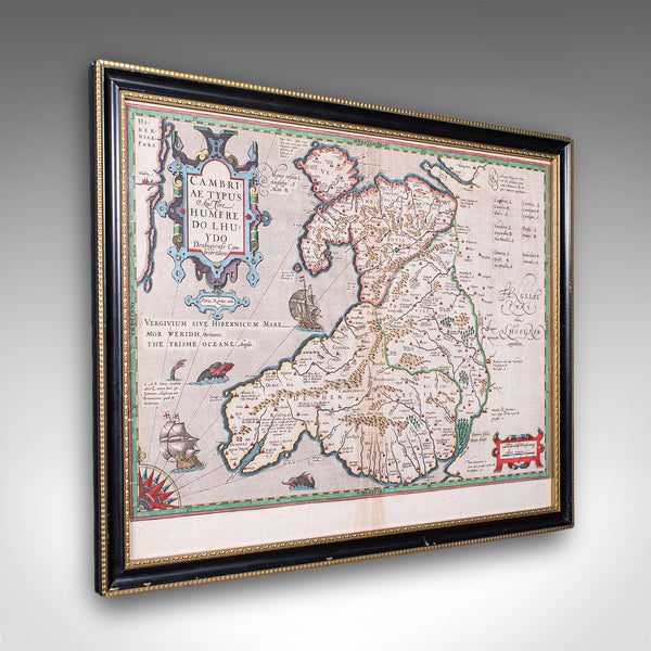 Antique Map of Wales, Belgian, Framed Atlas Excerpt, Elizabethan, Humphrey Llwyd