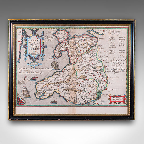 Antique Map of Wales, Belgian, Framed Atlas Excerpt, Elizabethan, Humphrey Llwyd