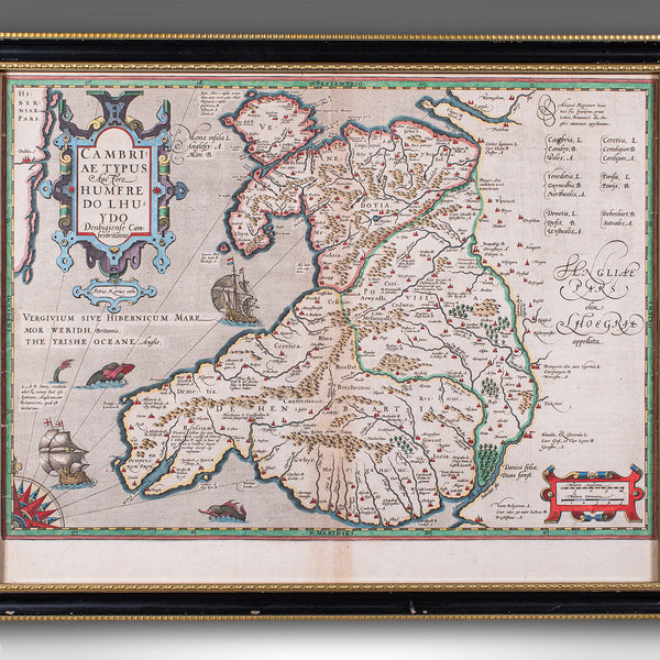 Antique Map of Wales, Belgian, Framed Atlas Excerpt, Elizabethan, Humphrey Llwyd