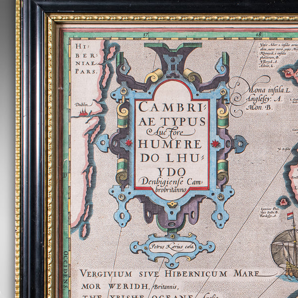 Antique Map of Wales, Belgian, Framed Atlas Excerpt, Elizabethan, Humphrey Llwyd