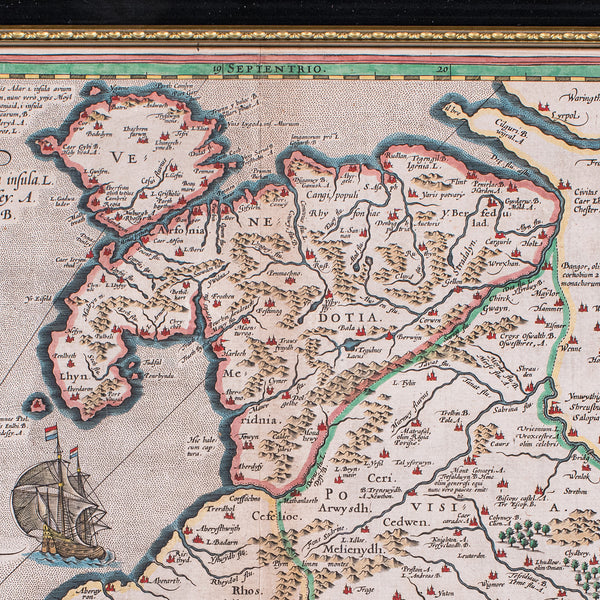 Antique Map of Wales, Belgian, Framed Atlas Excerpt, Elizabethan, Humphrey Llwyd