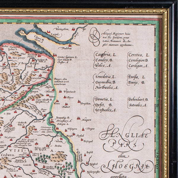 Antique Map of Wales, Belgian, Framed Atlas Excerpt, Elizabethan, Humphrey Llwyd