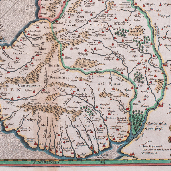 Antique Map of Wales, Belgian, Framed Atlas Excerpt, Elizabethan, Humphrey Llwyd