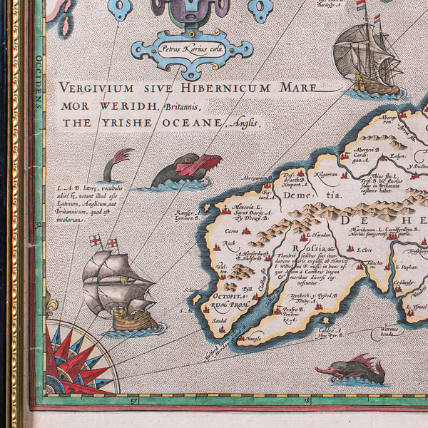 Antique Map of Wales, Belgian, Framed Atlas Excerpt, Elizabethan, Humphrey Llwyd