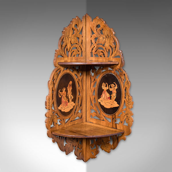 Antique Sorrentoware Corner Display Shelf, Italian, Walnut, Whatnot, Victorian
