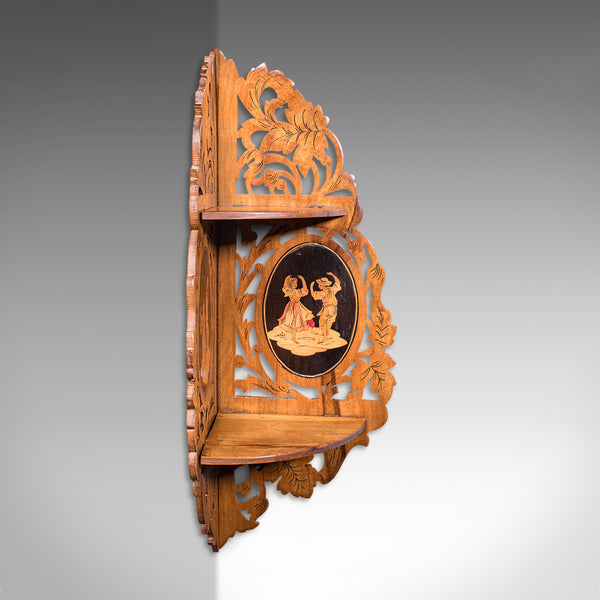Antique Sorrentoware Corner Display Shelf, Italian, Walnut, Whatnot, Victorian
