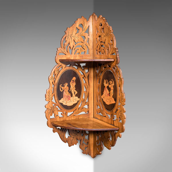 Antique Sorrentoware Corner Display Shelf, Italian, Walnut, Whatnot, Victorian