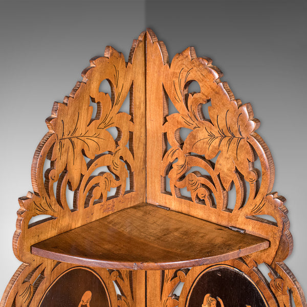 Antique Sorrentoware Corner Display Shelf, Italian, Walnut, Whatnot, Victorian