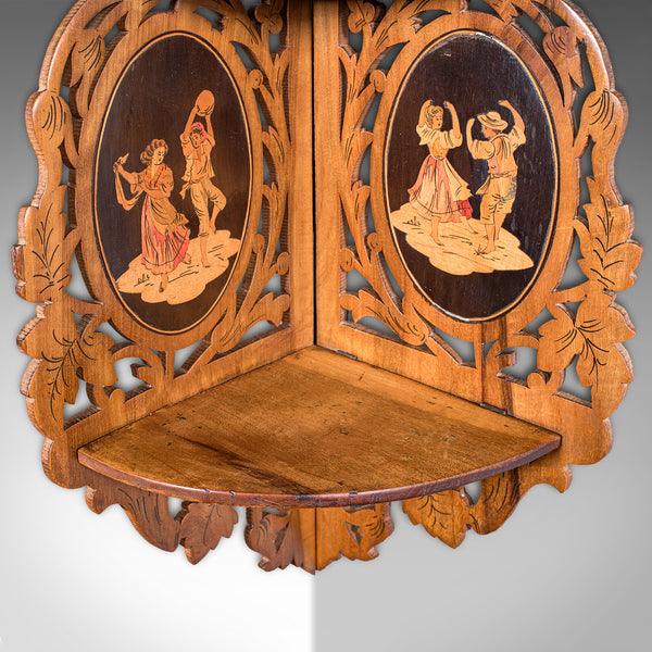 Antique Sorrentoware Corner Display Shelf, Italian, Walnut, Whatnot, Victorian