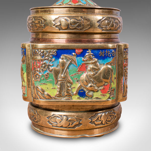 Pair of Small Antique Champleve Tea Caddies, Oriental Spice Pot, Edwardian, 1910