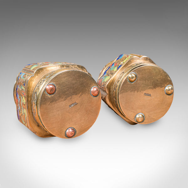 Pair of Small Antique Champleve Tea Caddies, Oriental Spice Pot, Edwardian, 1910