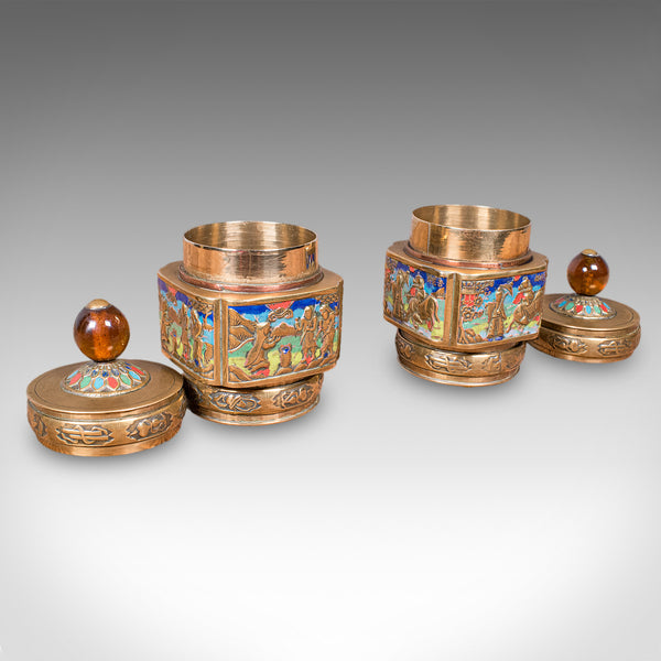 Pair of Small Antique Champleve Tea Caddies, Oriental Spice Pot, Edwardian, 1910