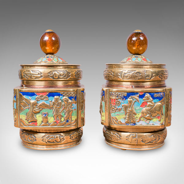 Pair of Small Antique Champleve Tea Caddies, Oriental Spice Pot, Edwardian, 1910