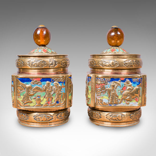 Pair of Small Antique Champleve Tea Caddies, Oriental Spice Pot, Edwardian, 1910