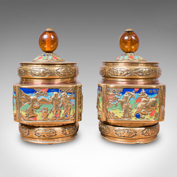 Pair of Small Antique Champleve Tea Caddies, Oriental Spice Pot, Edwardian, 1910