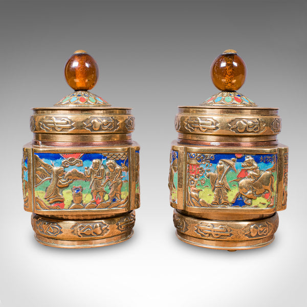 Pair of Small Antique Champleve Tea Caddies, Oriental Spice Pot, Edwardian, 1910
