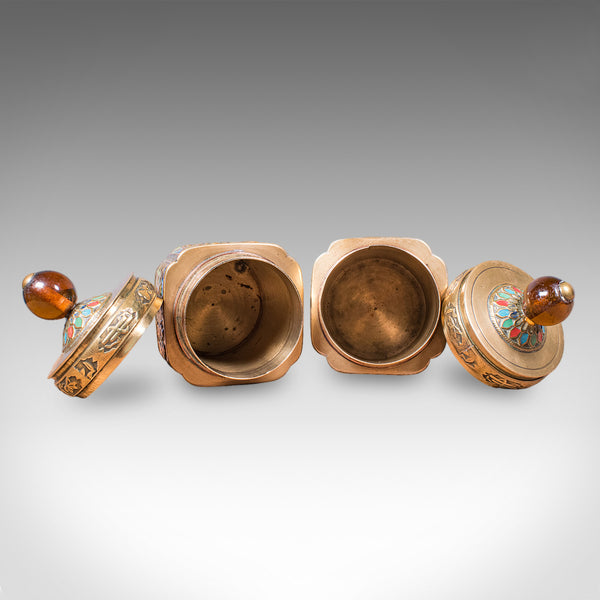 Pair of Small Antique Champleve Tea Caddies, Oriental Spice Pot, Edwardian, 1910