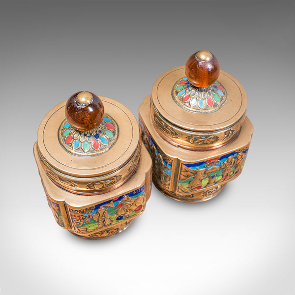Pair of Small Antique Champleve Tea Caddies, Oriental Spice Pot, Edwardian, 1910