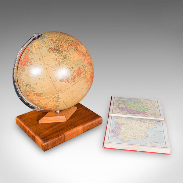 Vintage Table Globe & Atlas, English, World Map, Philips Challenge, Mid Century