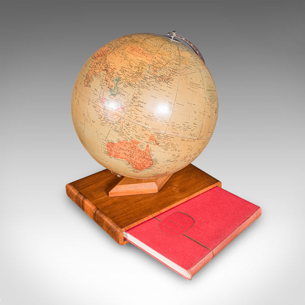 Vintage Table Globe & Atlas, English, World Map, Philips Challenge, Mid Century
