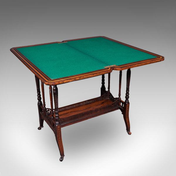 Antique Fold Over Card Table, English, Games, Bridge, Sofa, Victorian, C.1880