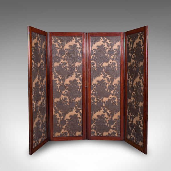 Antique Chinoiserie Privacy Screen, English, Four Panel Room Divider, Victorian