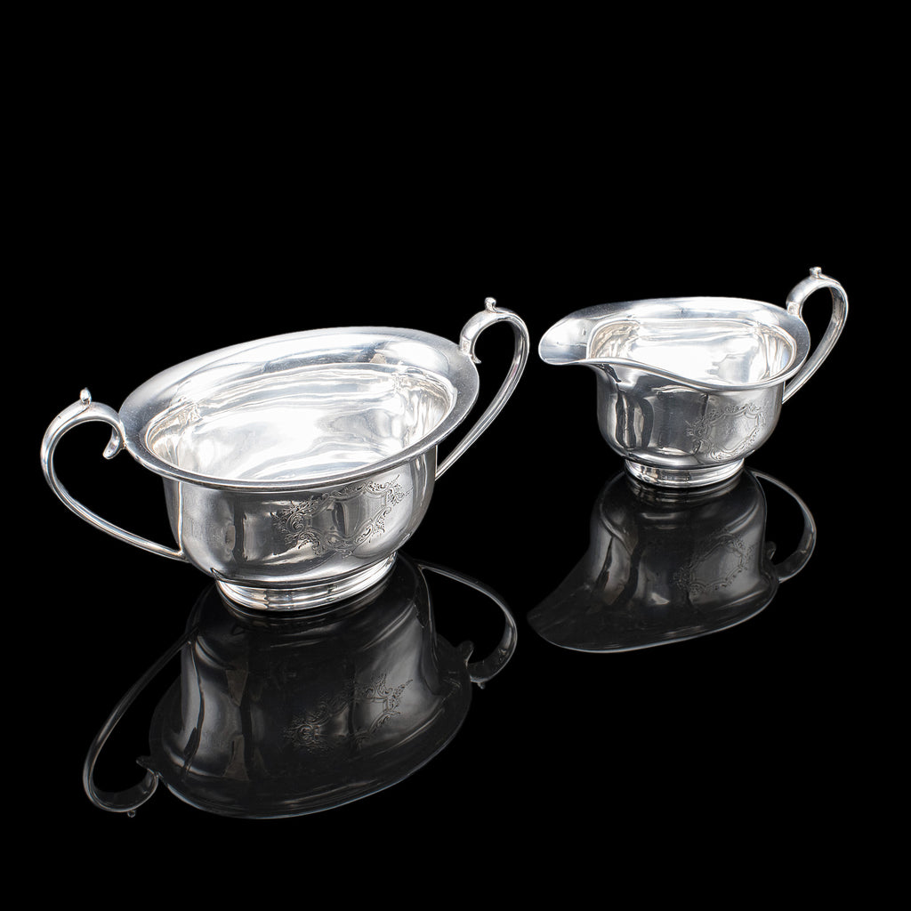 Antique Sugar Dish & Creamer Duo, English Silver Plate, Coffee Service Set, 1920
