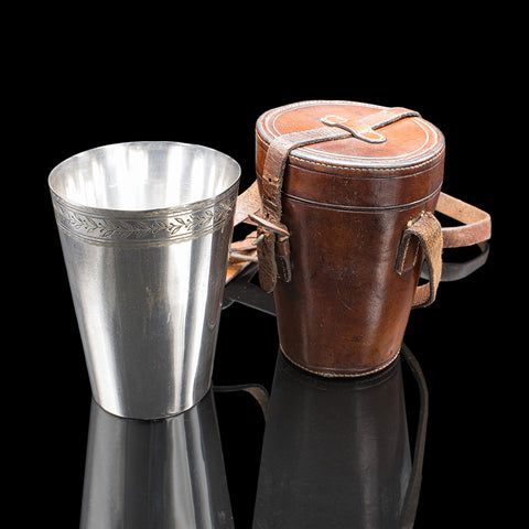 Antique Explorer's Beaker Case, English, Silver Plate, Leather Sleeve, Edwardian