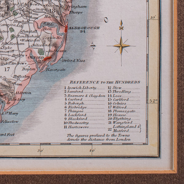 Antique County Map, Suffolk, Scottish, Framed Atlas Cartography, Victorian, 1840