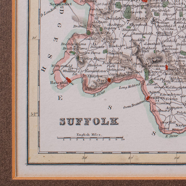 Antique County Map, Suffolk, Scottish, Framed Atlas Cartography, Victorian, 1840