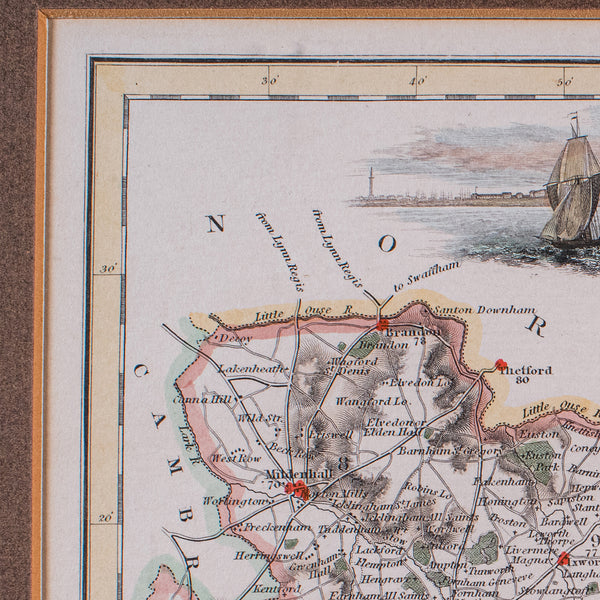 Antique County Map, Suffolk, Scottish, Framed Atlas Cartography, Victorian, 1840